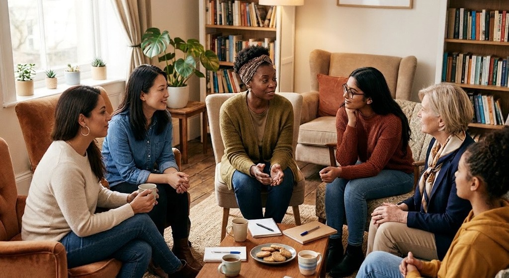 Women sitting together in a circle for mental health and community support